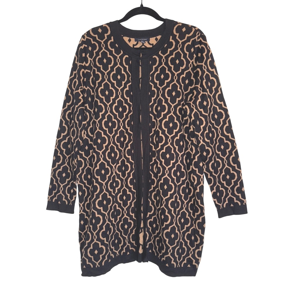 Lands' End Women's 1X Open Front Knit Cardigan Sweater Black Tan‎ Geometric